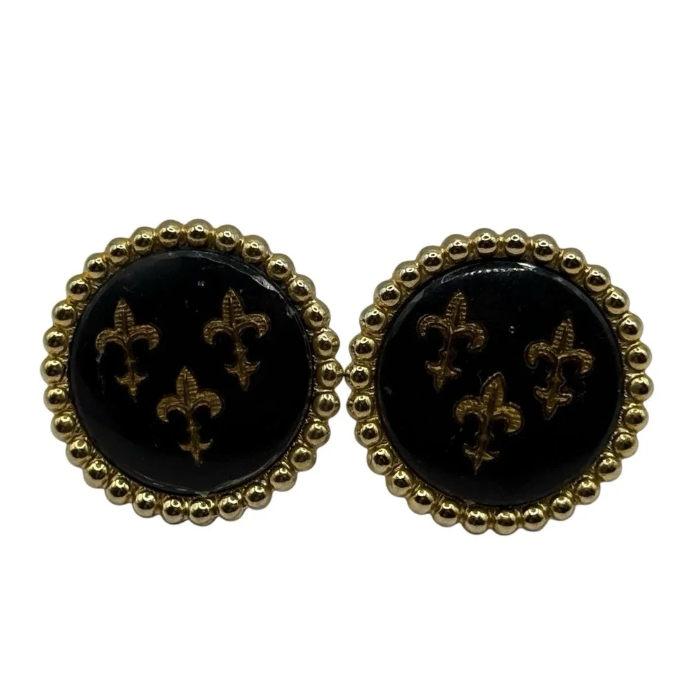 Fleur De Lis Cufflinks Vintage Black Enamel Round Ball‎ Metal Edges Gold Tone